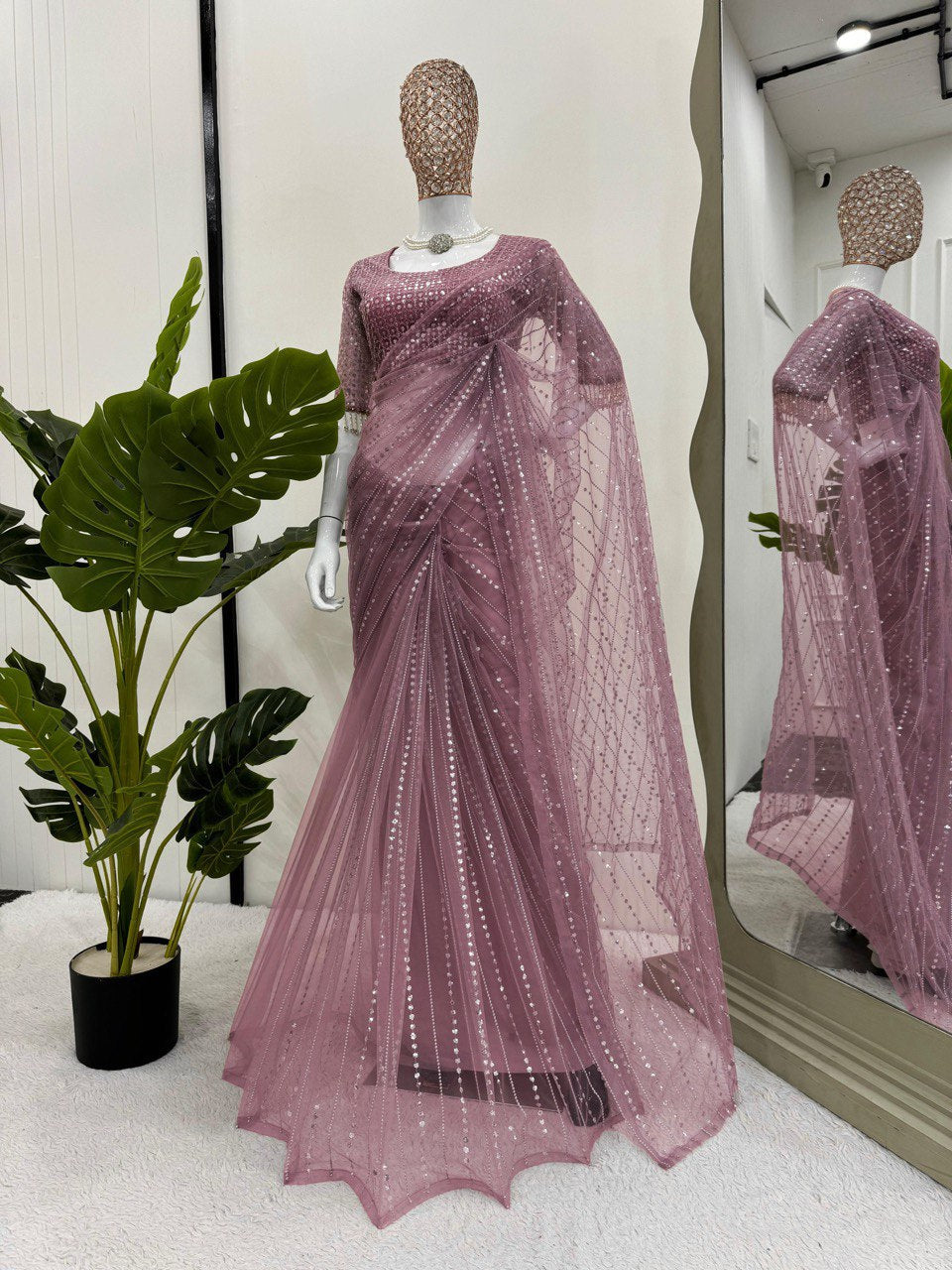 Wedding Wear Dusty Pink Color Embroidery Work Saree