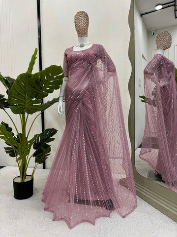 Wedding Wear Dusty Pink Color Embroidery Work Saree
