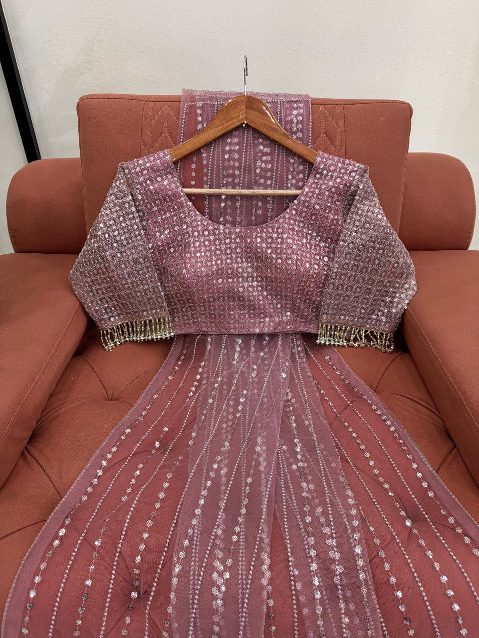 Wedding Wear Dusty Pink Color Embroidery Work Saree