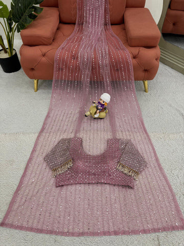 Wedding Wear Dusty Pink Color Embroidery Work Saree