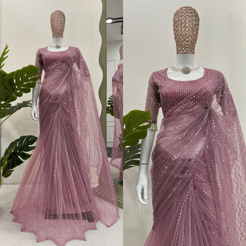 Wedding Wear Dusty Pink Color Embroidery Work Saree