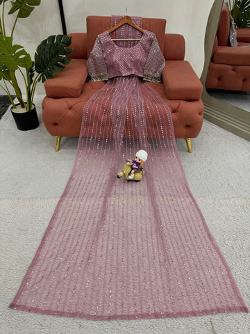 Wedding Wear Dusty Pink Color Embroidery Work Saree