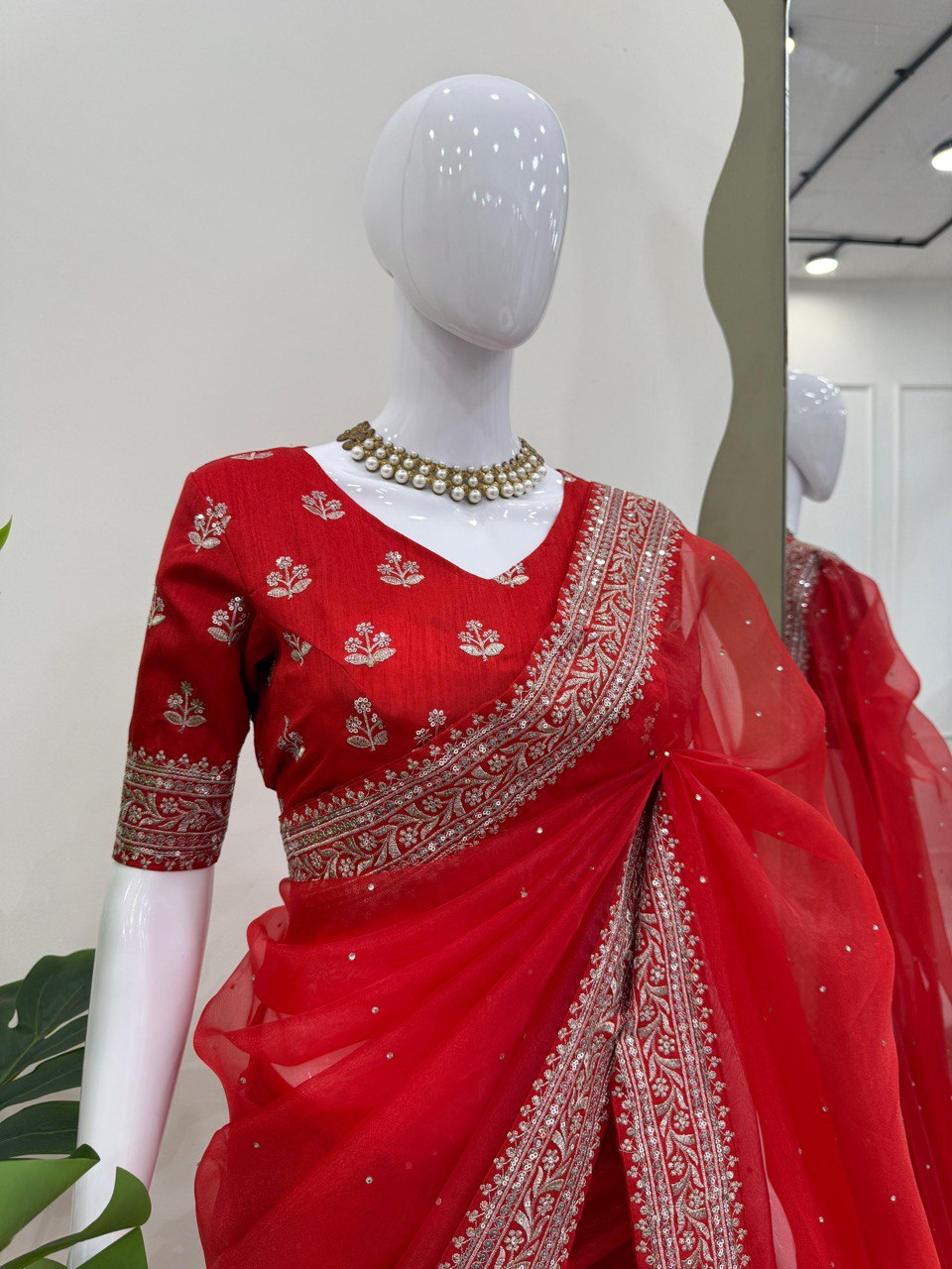 Ceremony Wear Red Color Organza Silk Embroidery Work Designer Saree
