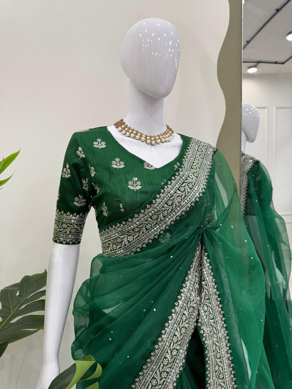 Ceremony Wear Green Color Organza Silk Thread And Embroidery Work Designer Saree