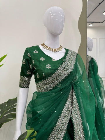 Ceremony Wear Green Color Organza Silk Thread And Embroidery Work Designer Saree