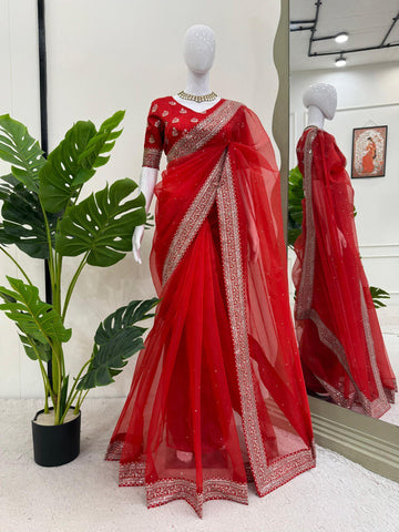 Ceremony Wear Red Color Organza Silk Embroidery Work Designer Saree