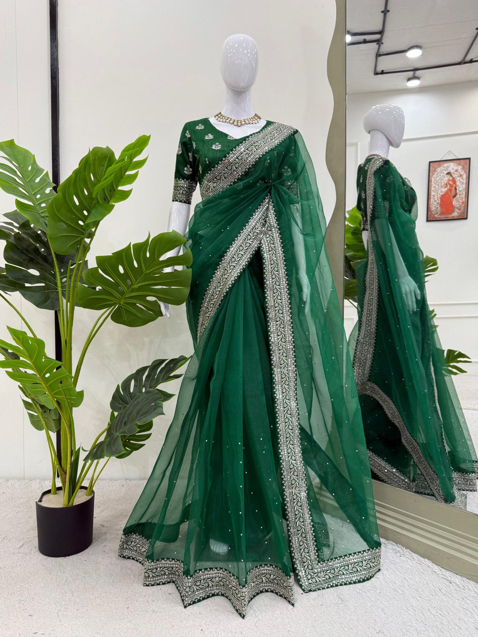 Ceremony Wear Green Color Organza Silk Thread And Embroidery Work Designer Saree