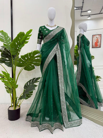 Ceremony Wear Green Color Organza Silk Thread And Embroidery Work Designer Saree
