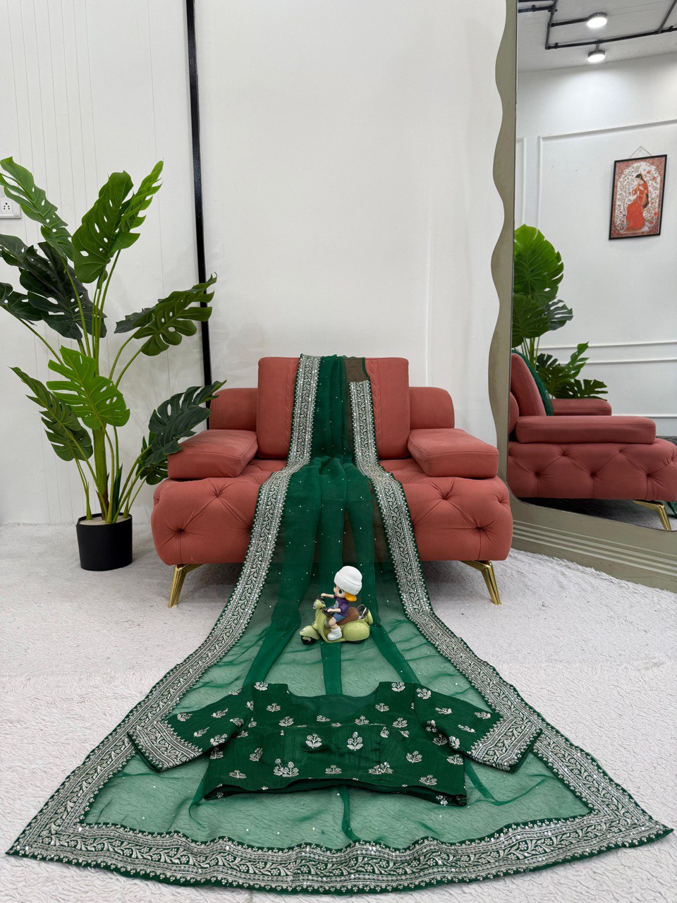 Ceremony Wear Green Color Organza Silk Thread And Embroidery Work Designer Saree