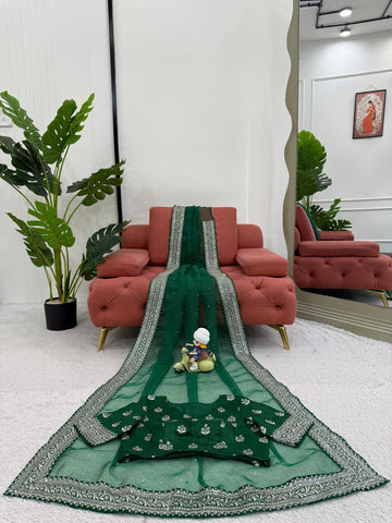 Ceremony Wear Green Color Organza Silk Thread And Embroidery Work Designer Saree