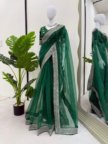 Ceremony Wear Green Color Organza Silk Thread And Embroidery Work Designer Saree