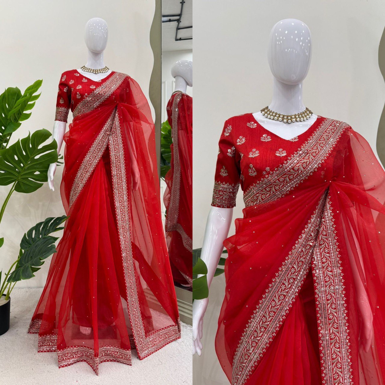Ceremony Wear Red Color Organza Silk Embroidery Work Designer Saree