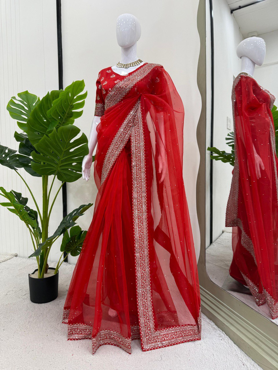 Ceremony Wear Red Color Organza Silk Embroidery Work Designer Saree