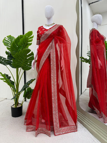 Ceremony Wear Red Color Organza Silk Embroidery Work Designer Saree
