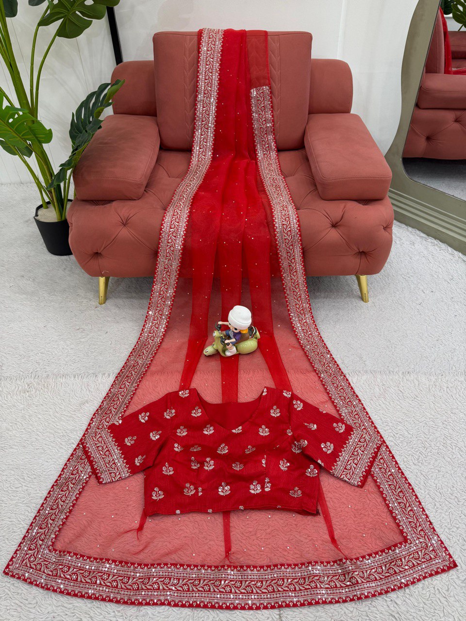 Ceremony Wear Red Color Organza Silk Embroidery Work Designer Saree