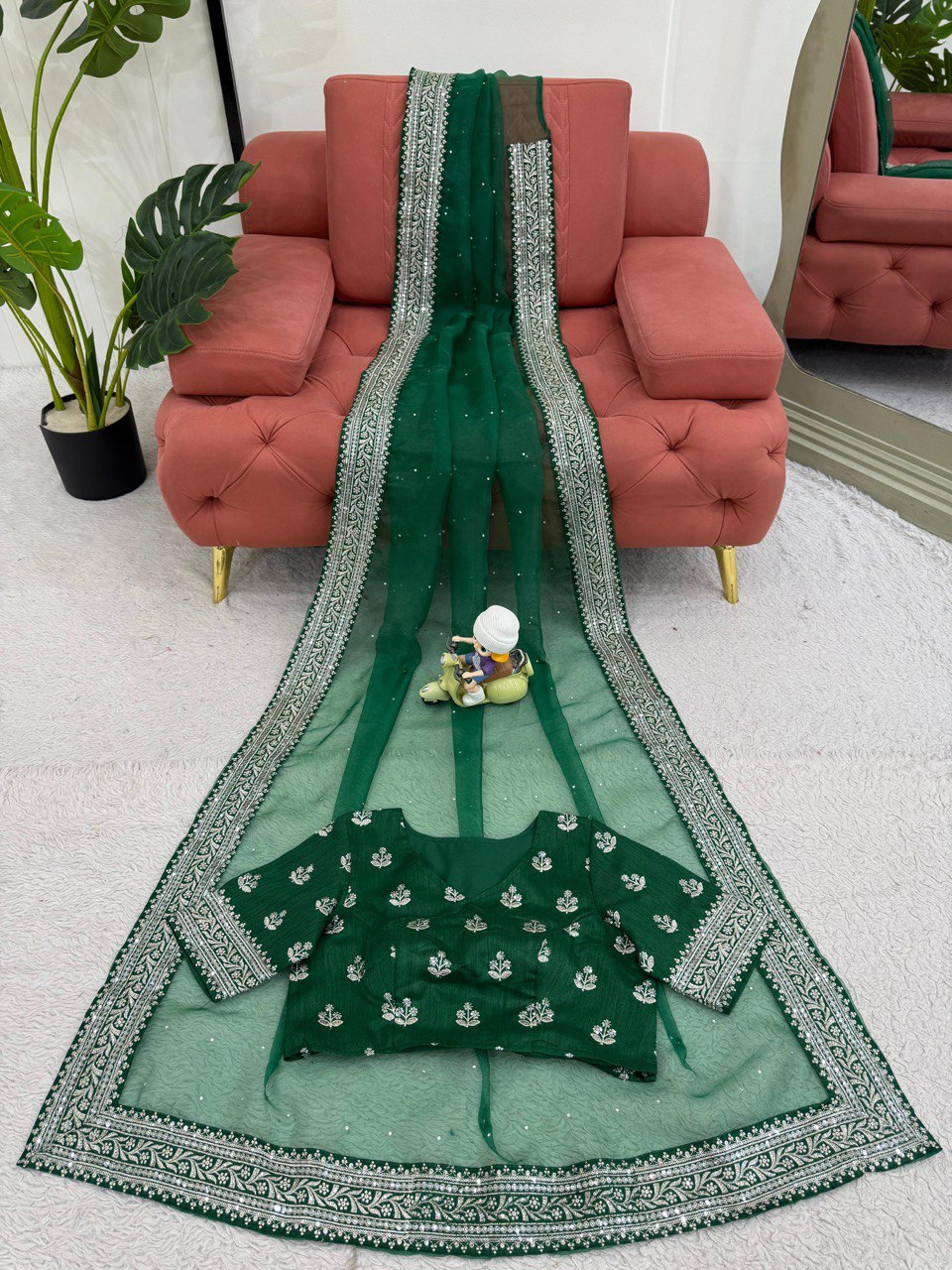 Ceremony Wear Green Color Organza Silk Thread And Embroidery Work Designer Saree
