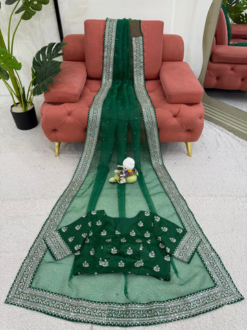 Ceremony Wear Green Color Organza Silk Thread And Embroidery Work Designer Saree