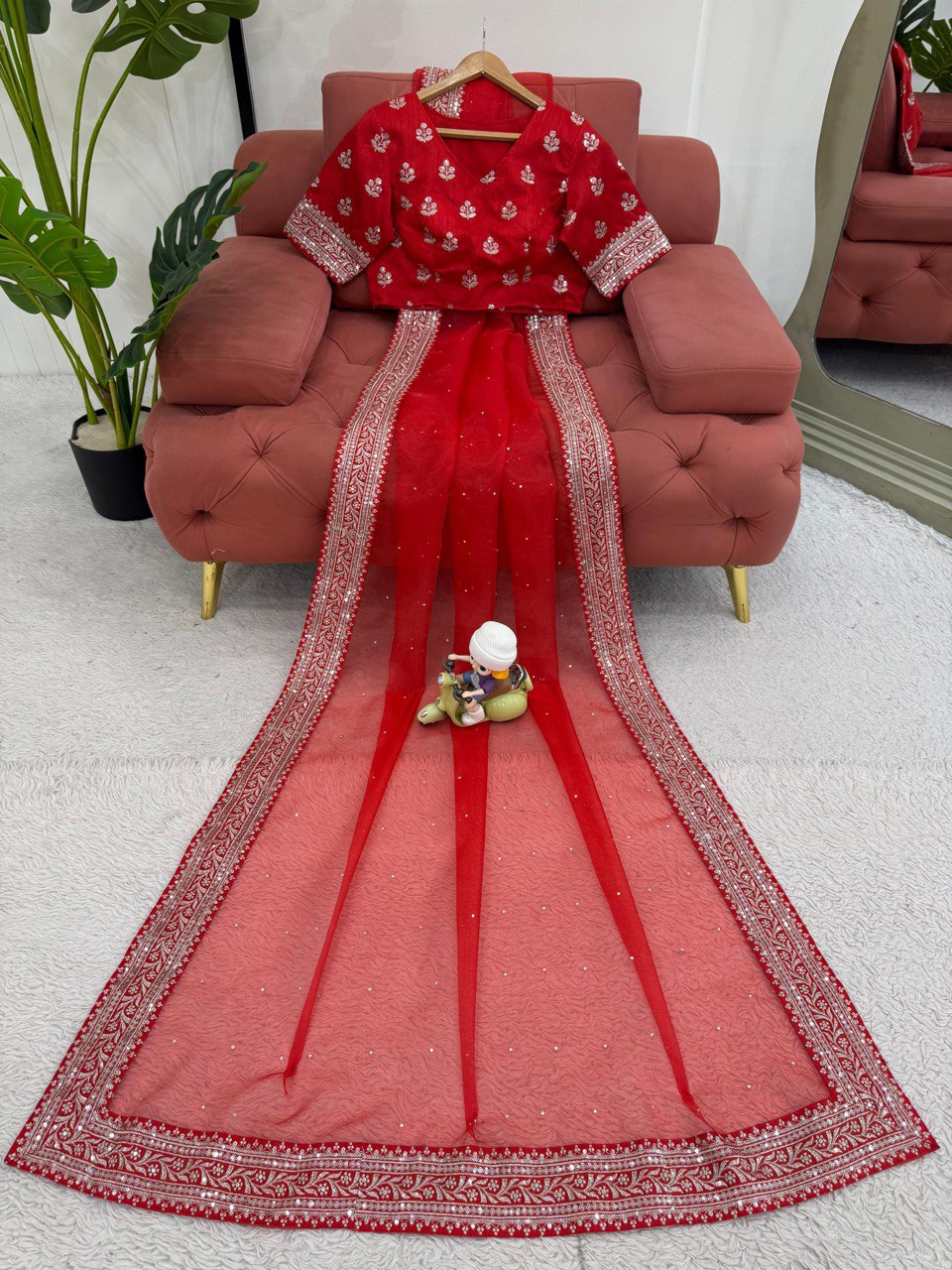 Ceremony Wear Red Color Organza Silk Embroidery Work Designer Saree