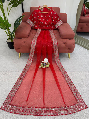 Ceremony Wear Red Color Organza Silk Embroidery Work Designer Saree