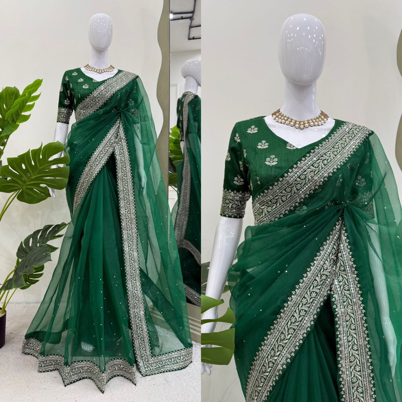 Ceremony Wear Green Color Organza Silk Thread And Embroidery Work Designer Saree