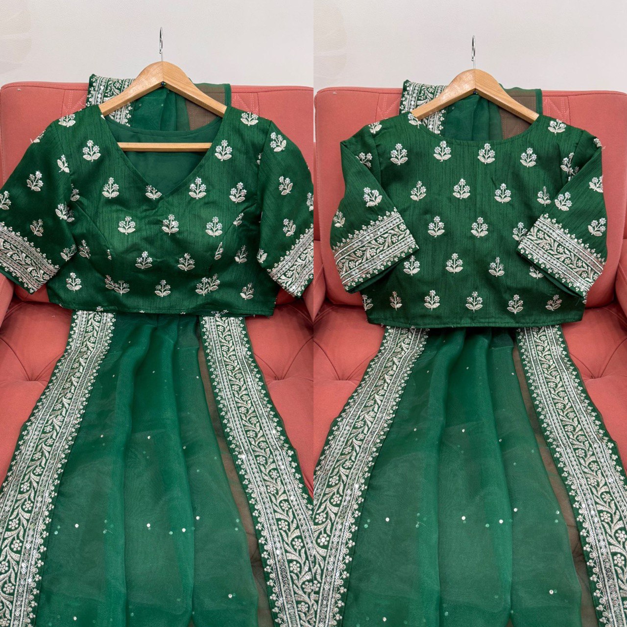 Ceremony Wear Green Color Organza Silk Thread And Embroidery Work Designer Saree