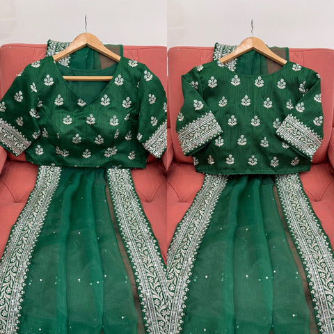 Ceremony Wear Green Color Organza Silk Thread And Embroidery Work Designer Saree