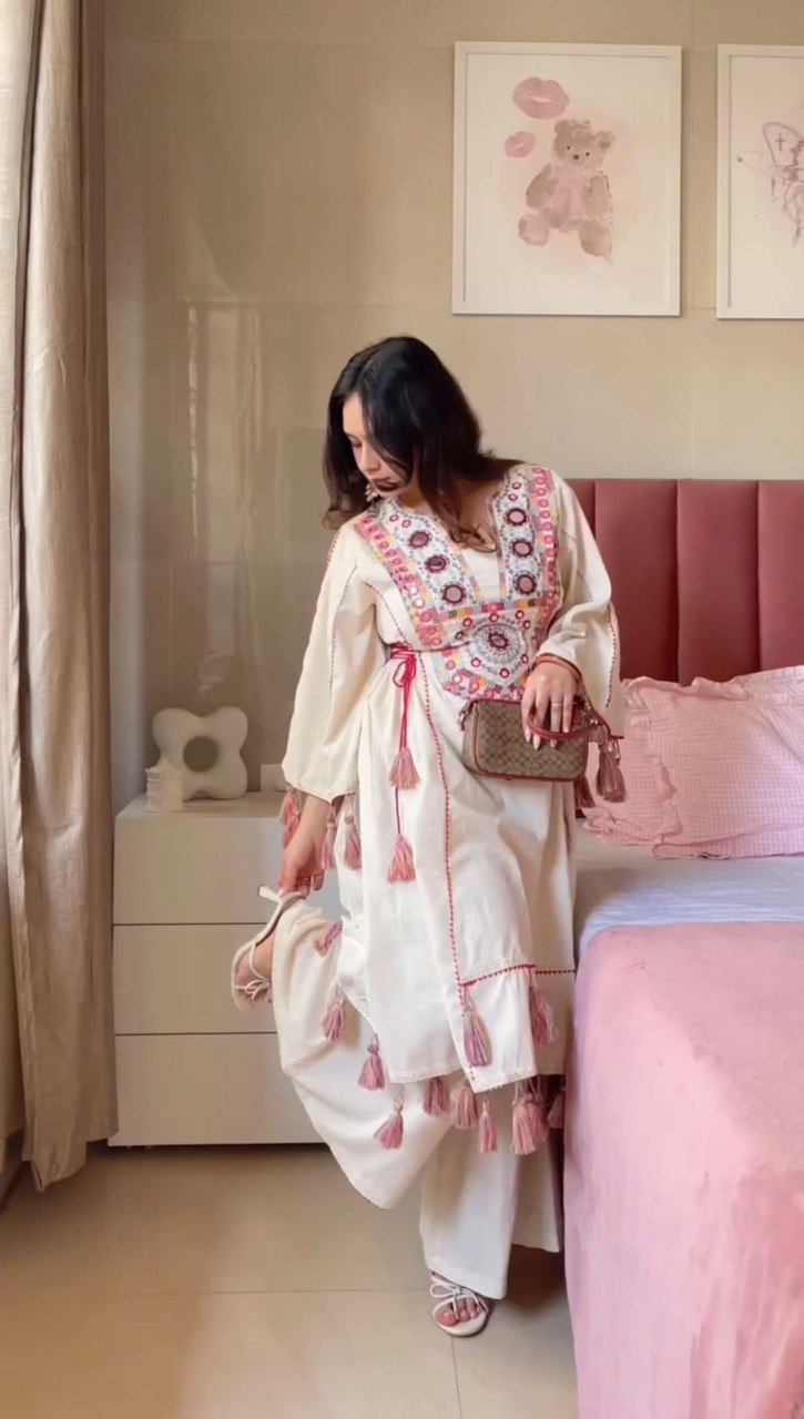 Occasion Wear Off White Color Embroidery With Real Mirror Work Beautiful Palazzo Suit