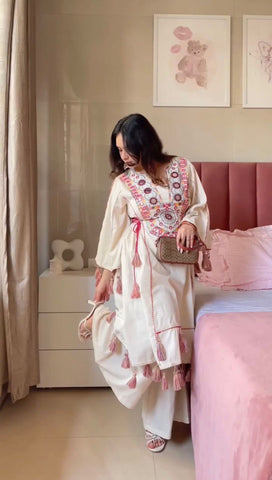 Occasion Wear Off White Color Embroidery With Real Mirror Work Beautiful Palazzo Suit