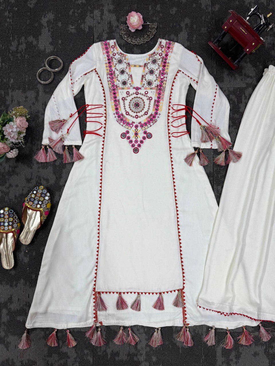 Occasion Wear Off White Color Embroidery With Real Mirror Work Beautiful Palazzo Suit