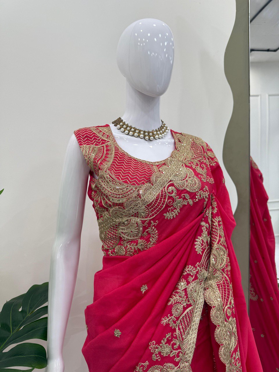 Fnction Wear Red Color Coding And Sequin Embroidery Work Saree