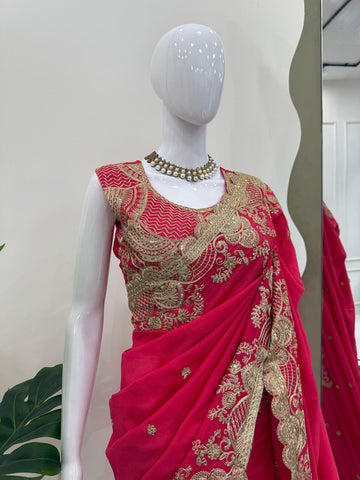 Fnction Wear Red Color Coding And Sequin Embroidery Work Saree
