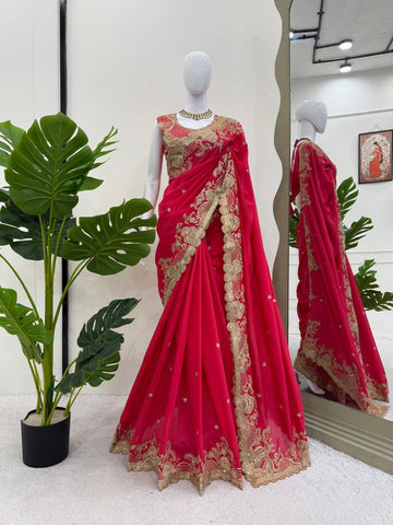Fnction Wear Red Color Coding And Sequin Embroidery Work Saree