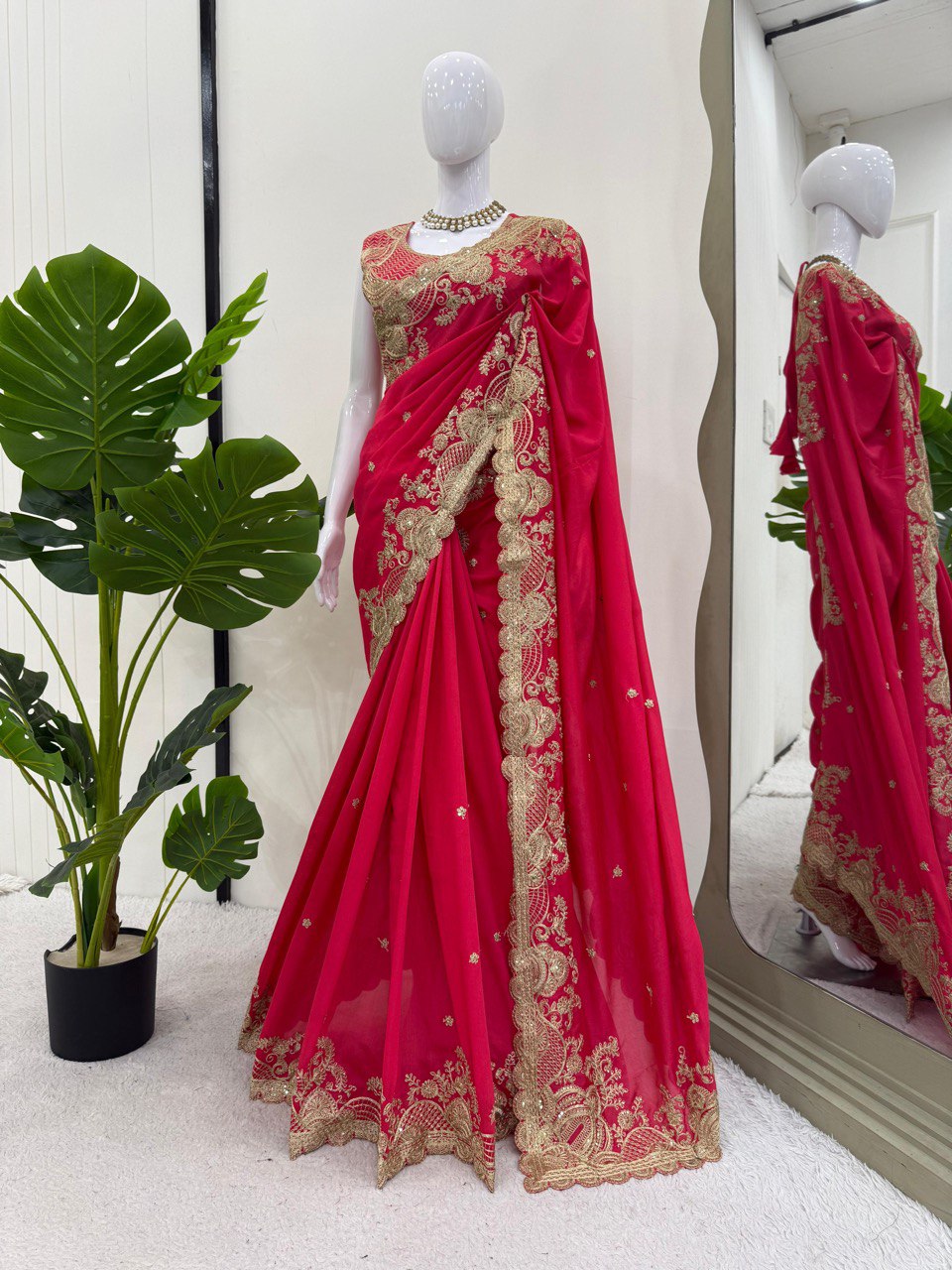 Fnction Wear Red Color Coding And Sequin Embroidery Work Saree