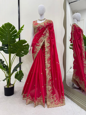 Fnction Wear Red Color Coding And Sequin Embroidery Work Saree