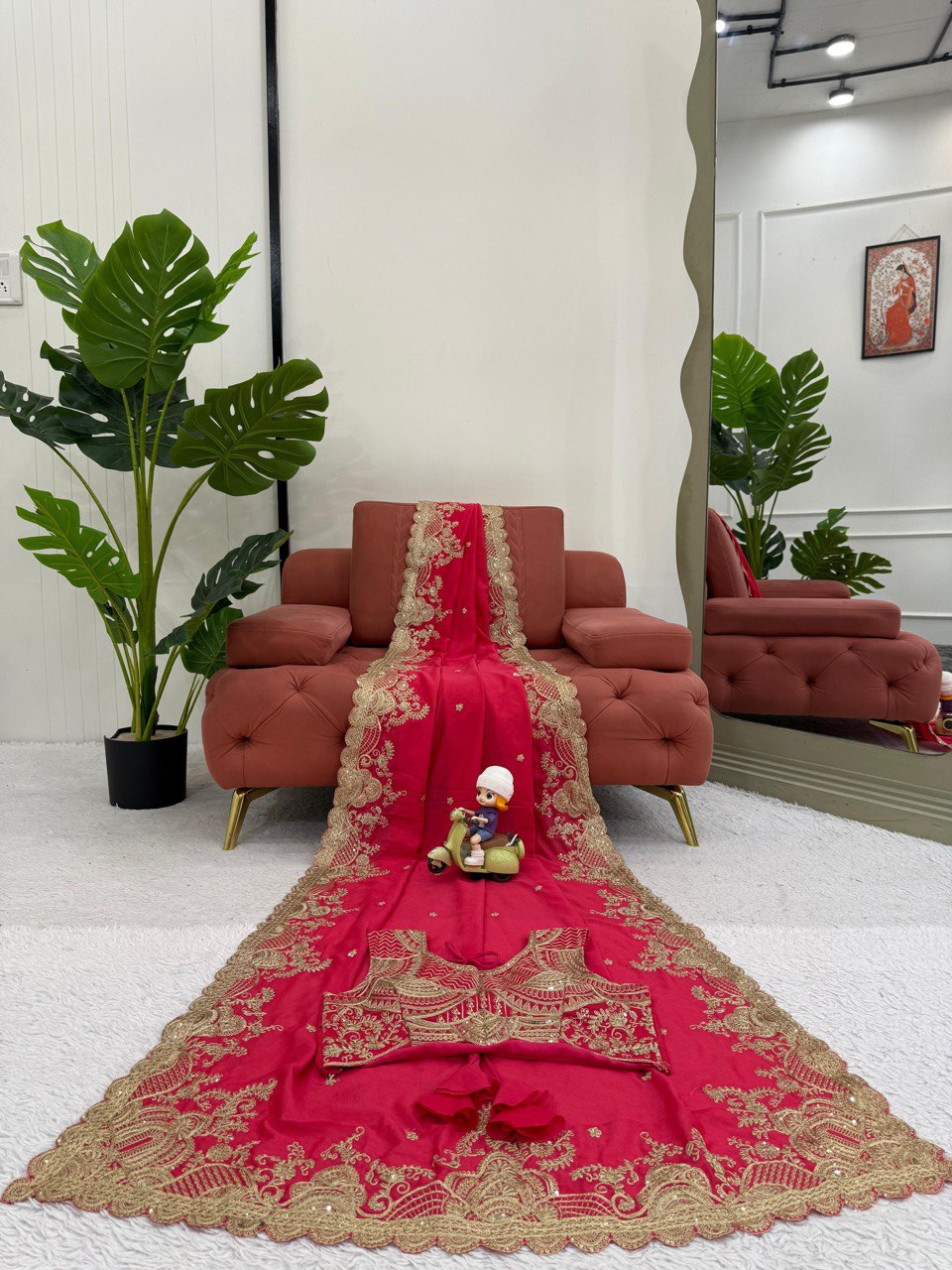 Fnction Wear Red Color Coding And Sequin Embroidery Work Saree