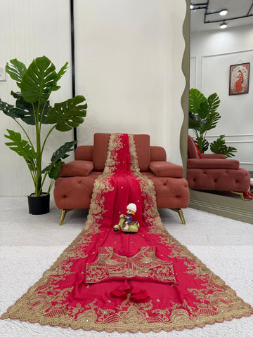 Fnction Wear Red Color Coding And Sequin Embroidery Work Saree