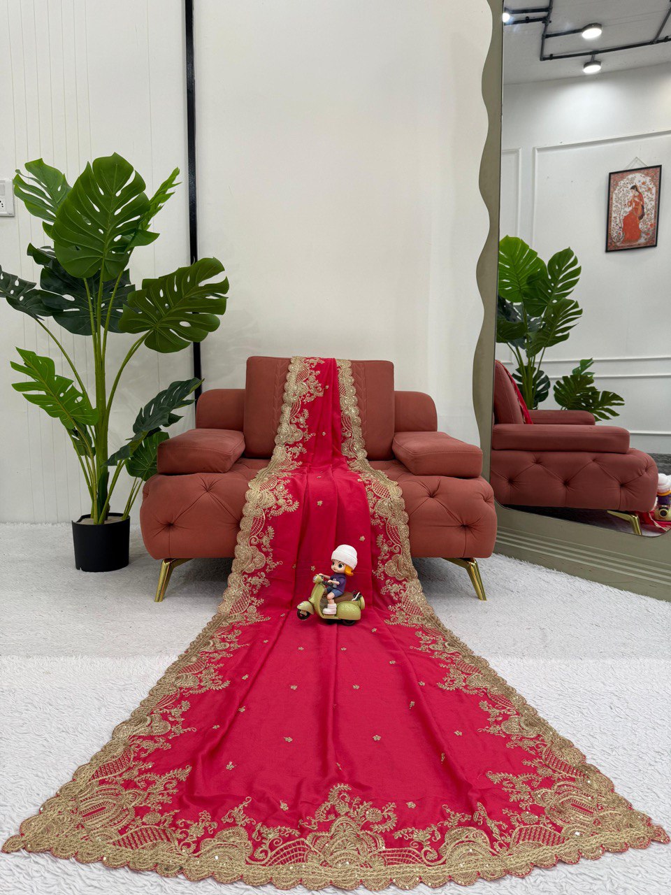 Fnction Wear Red Color Coding And Sequin Embroidery Work Saree