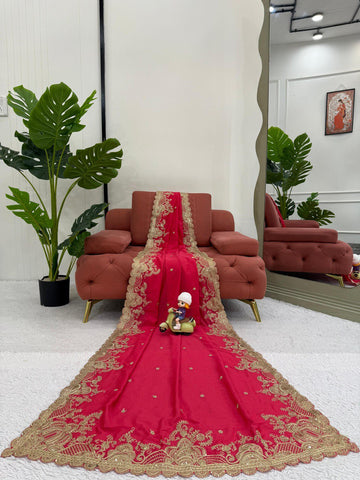 Fnction Wear Red Color Coding And Sequin Embroidery Work Saree