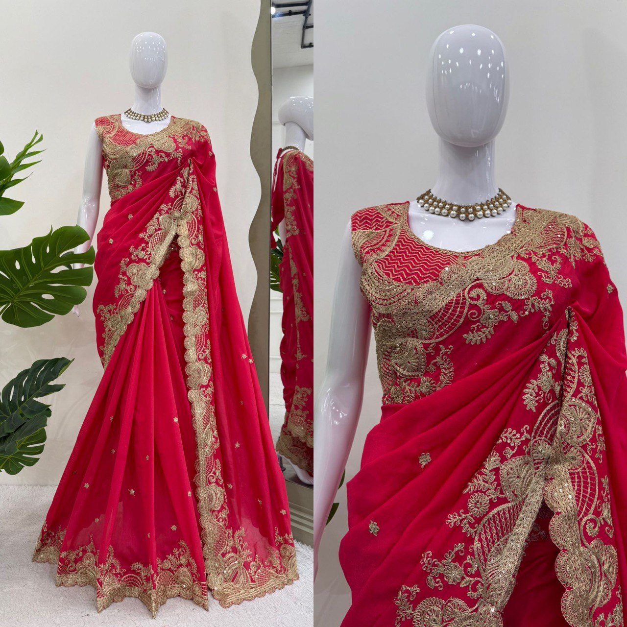 Fnction Wear Red Color Coding And Sequin Embroidery Work Saree