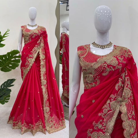 Fnction Wear Red Color Coding And Sequin Embroidery Work Saree