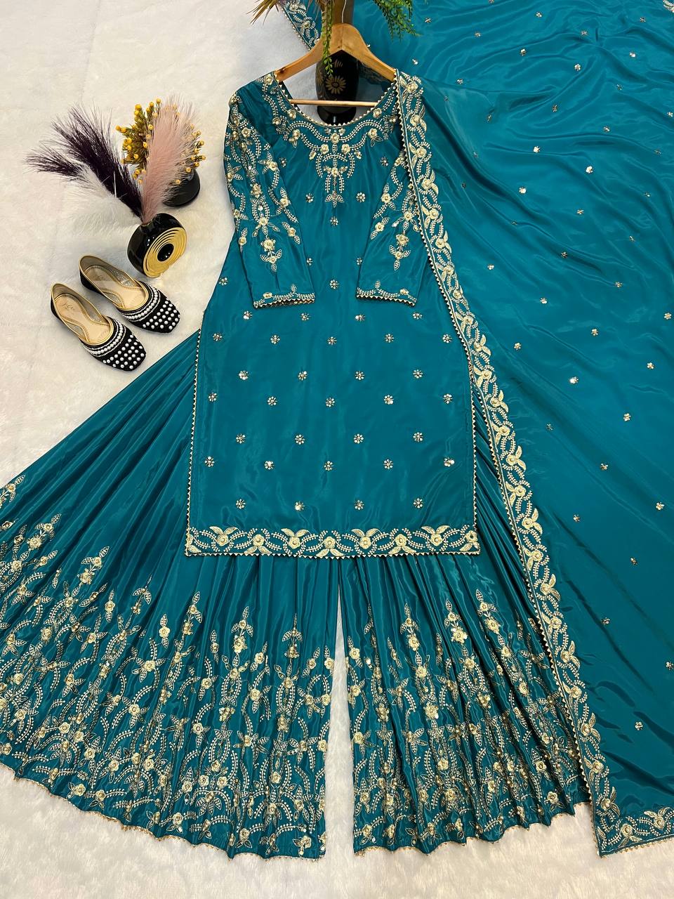 Wedding Wear Teal Color Moti Work Embroidery Work Sharara Suit
