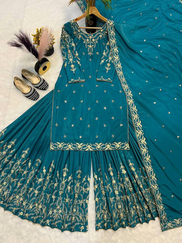 Wedding Wear Teal Color Moti Work Embroidery Work Sharara Suit