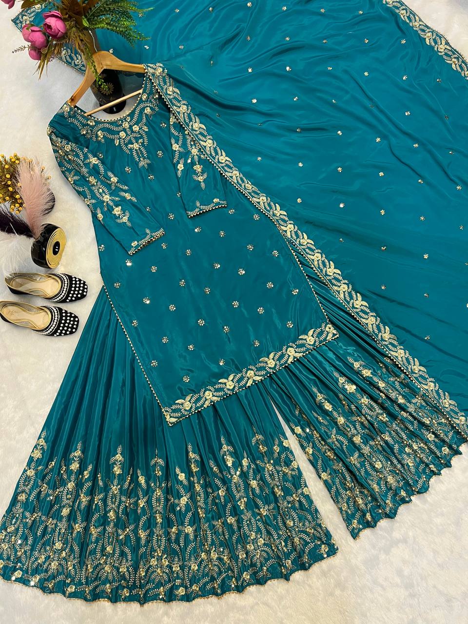 Wedding Wear Teal Color Moti Work Embroidery Work Sharara Suit