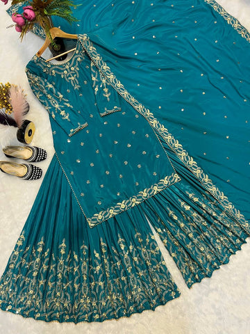 Wedding Wear Teal Color Moti Work Embroidery Work Sharara Suit