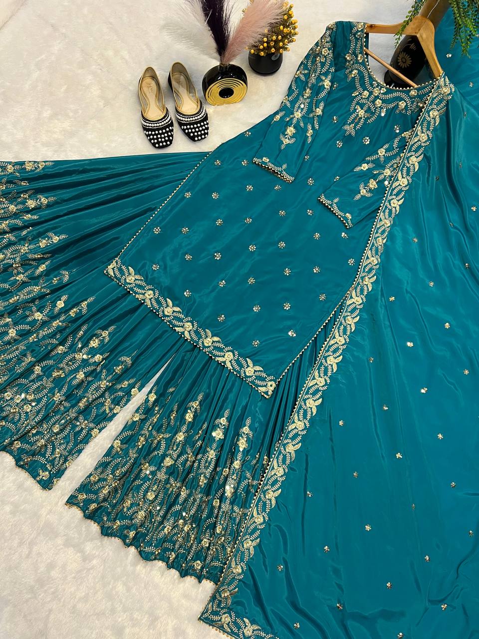 Wedding Wear Teal Color Moti Work Embroidery Work Sharara Suit