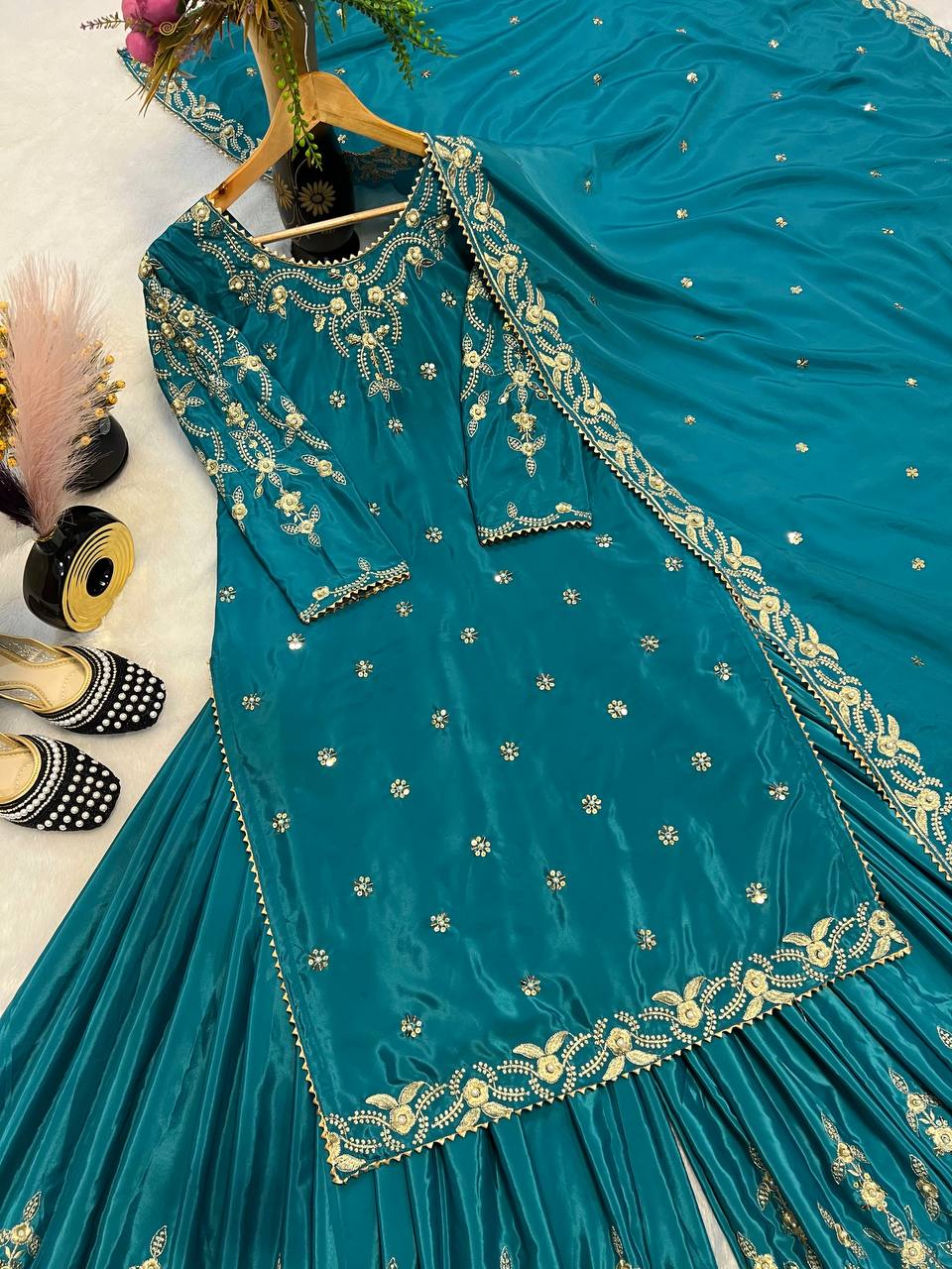 Wedding Wear Teal Color Moti Work Embroidery Work Sharara Suit