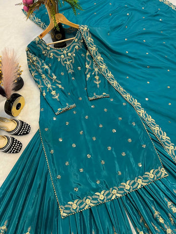 Wedding Wear Teal Color Moti Work Embroidery Work Sharara Suit