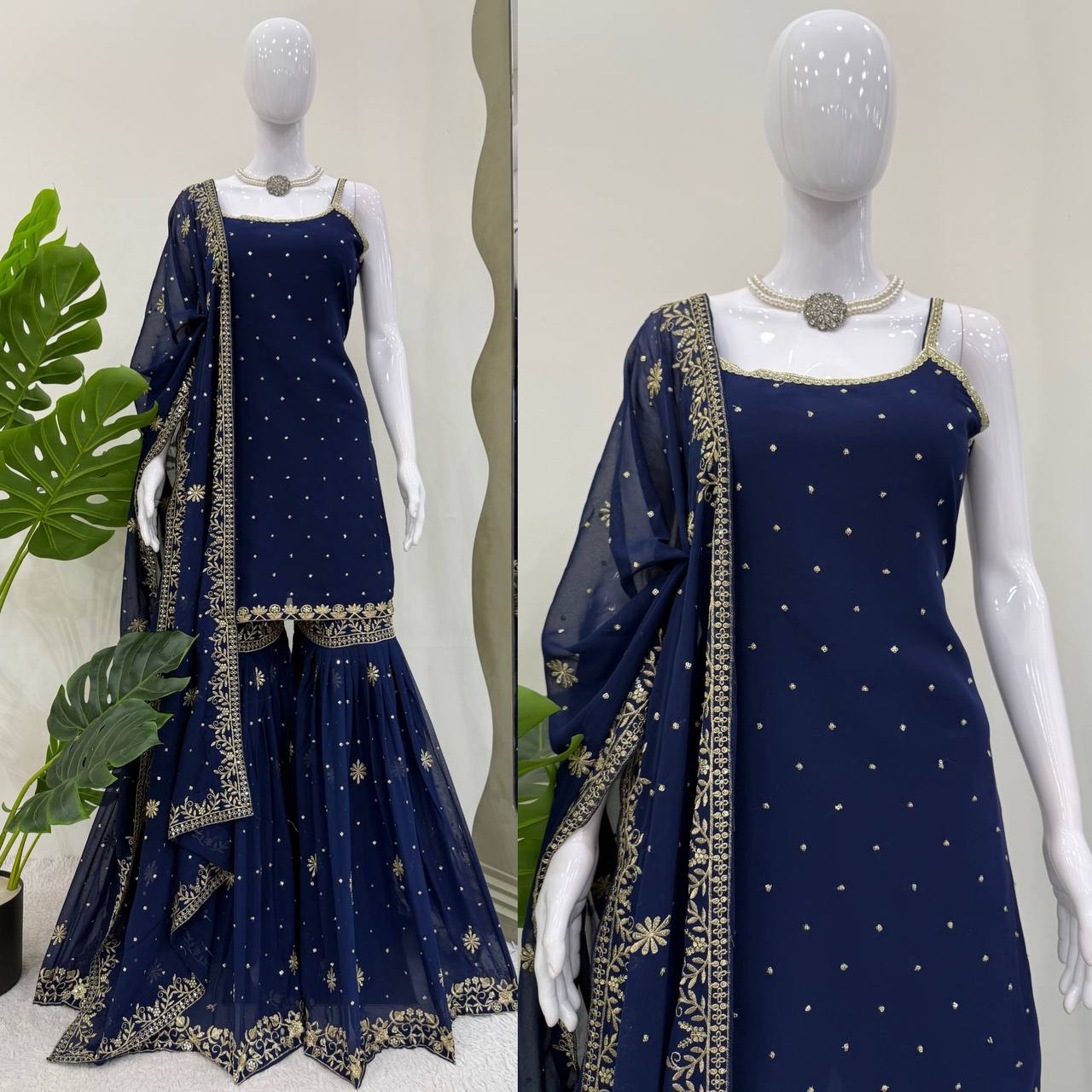 Function Wear Navy Blue Color Thread With Sequin Embroidery Work Sharara Suit