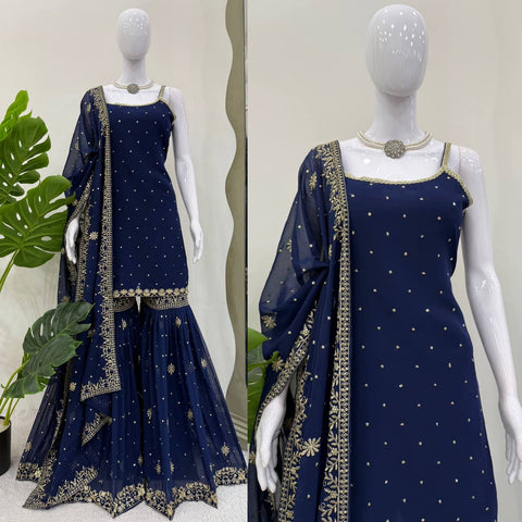 Function Wear Navy Blue Color Thread With Sequin Embroidery Work Sharara Suit
