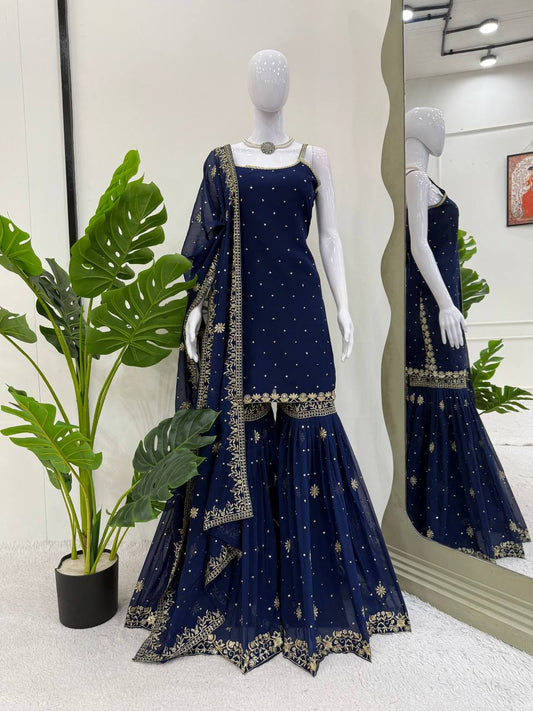 Function Wear Navy Blue Color Thread With Sequin Embroidery Work Sharara Suit